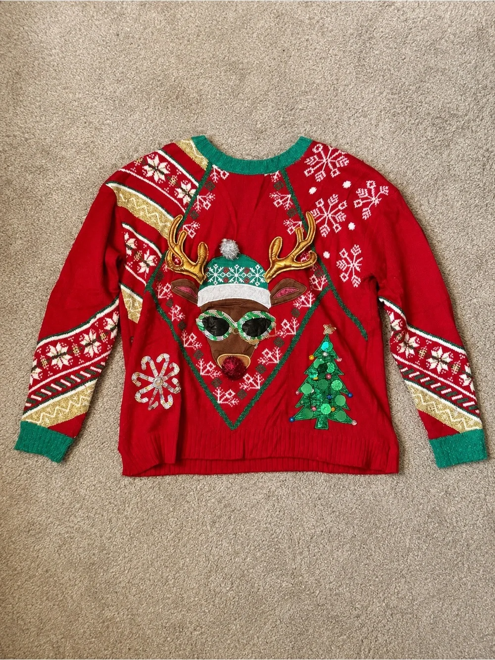 Festive Red Reindeer Holiday Sweater with Green Trim